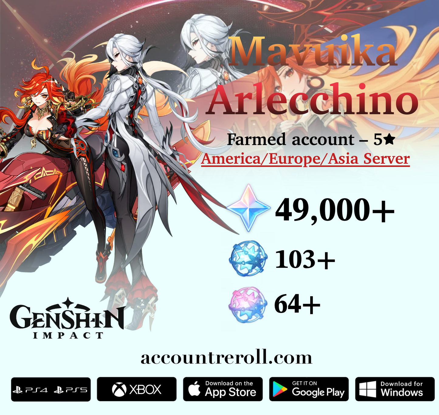 Mavuika with Arlecchino Genshin Impact Farmed Starter Account