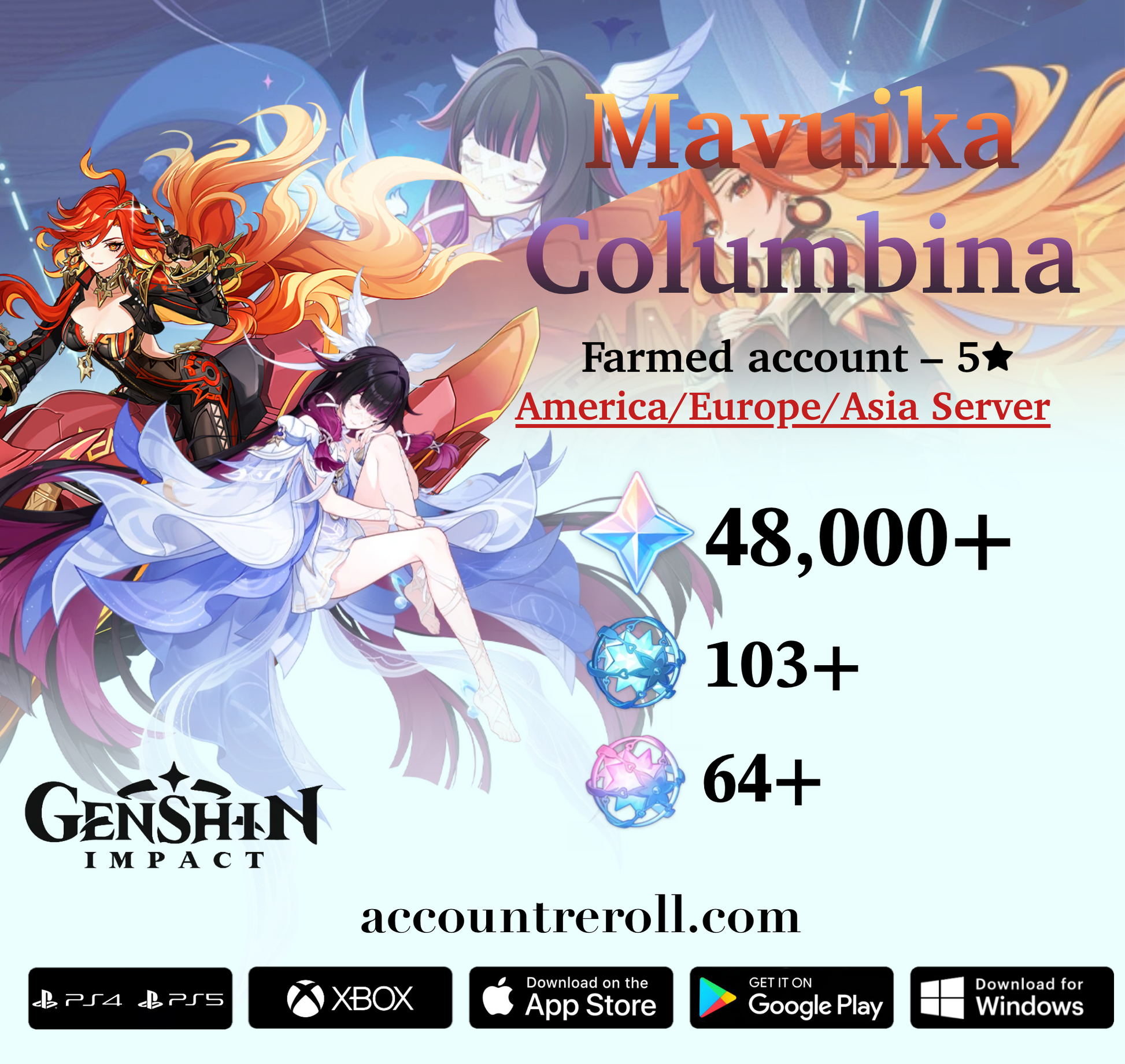 Mavuika with Columbina Genshin Impact Farmed Starter Account