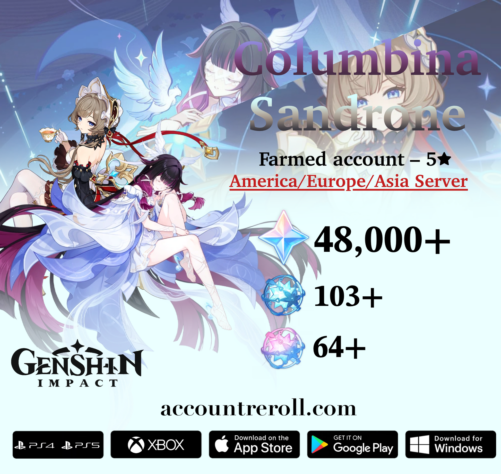 Sandrone with Columbina Genshin Impact Farmed Starter Account