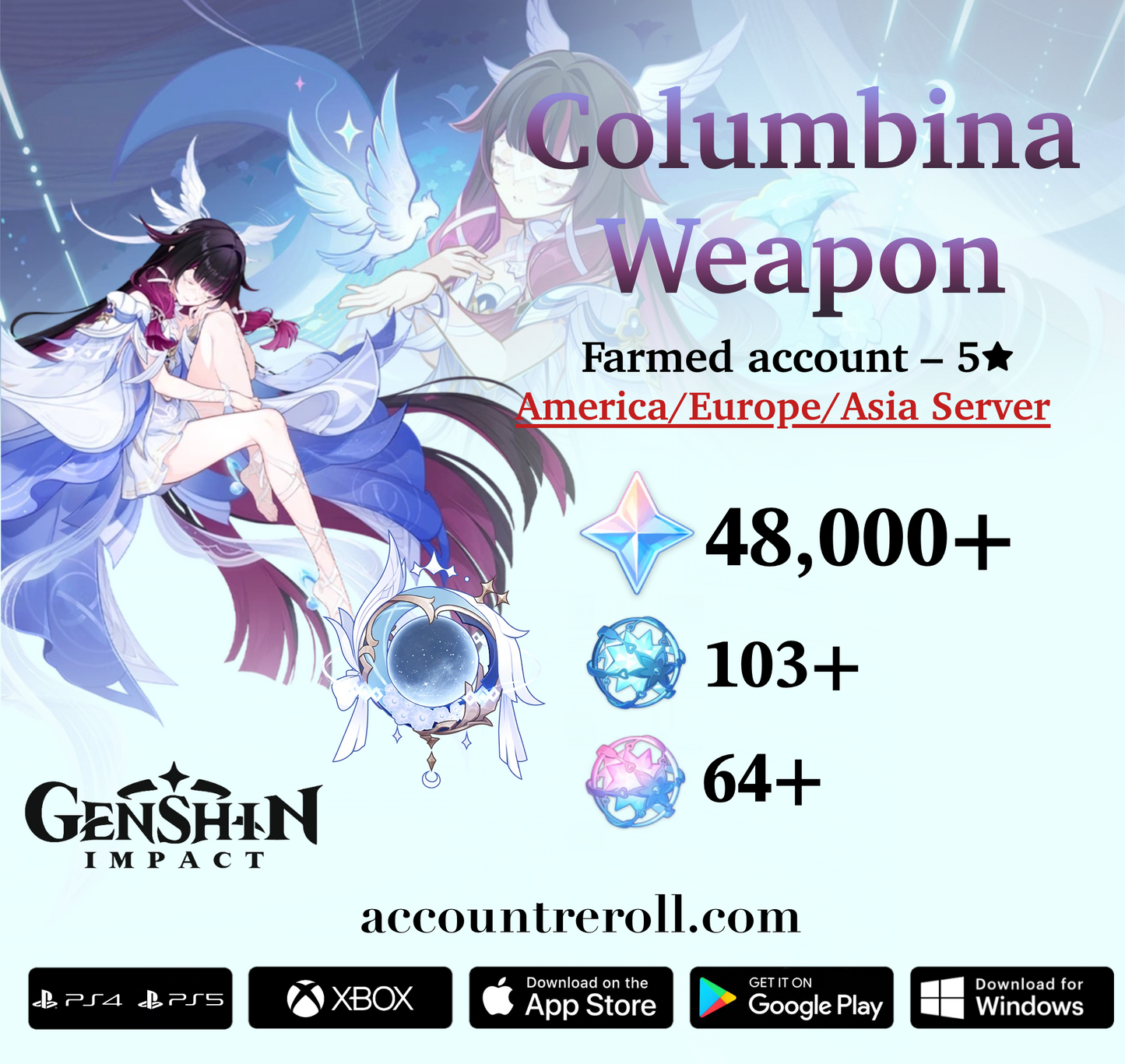 Columbina with Nocturne's Curtain Call Genshin Impact Farmed Starter Account